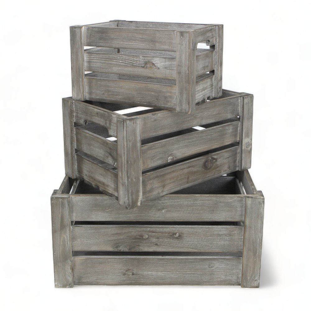 Set of Three Gray Nesting Solid Wood And Metal Crate HomeRoots