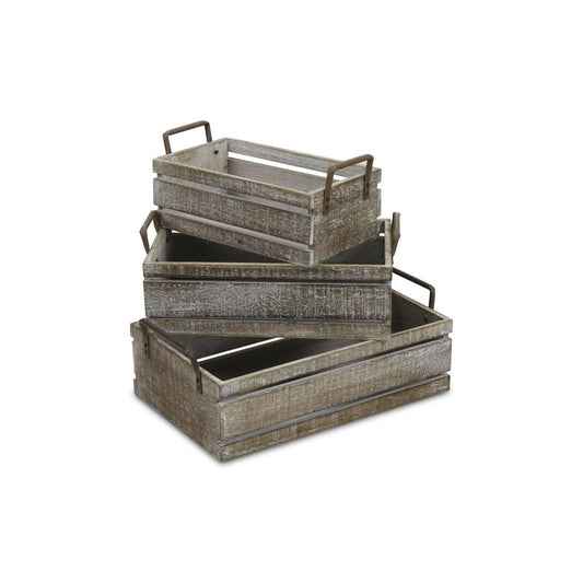 Set of Three Gray Nesting Solid Wood And Metal Crate HomeRoots
