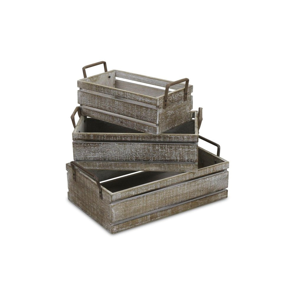 Set of Three Gray Nesting Solid Wood And Metal Crate HomeRoots
