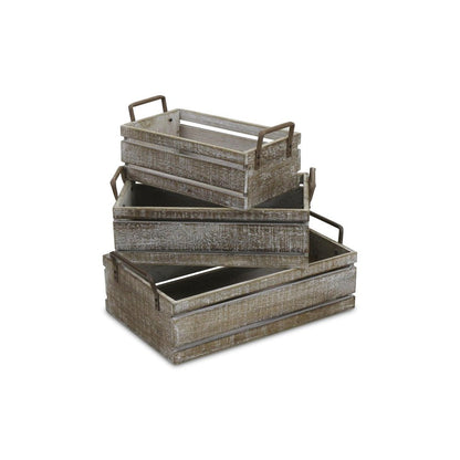 Set of Three Gray Nesting Solid Wood And Metal Crate HomeRoots