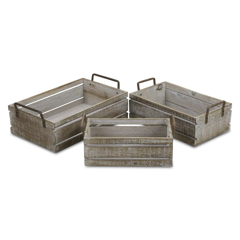 Set of Three Gray Nesting Solid Wood And Metal Crate HomeRoots