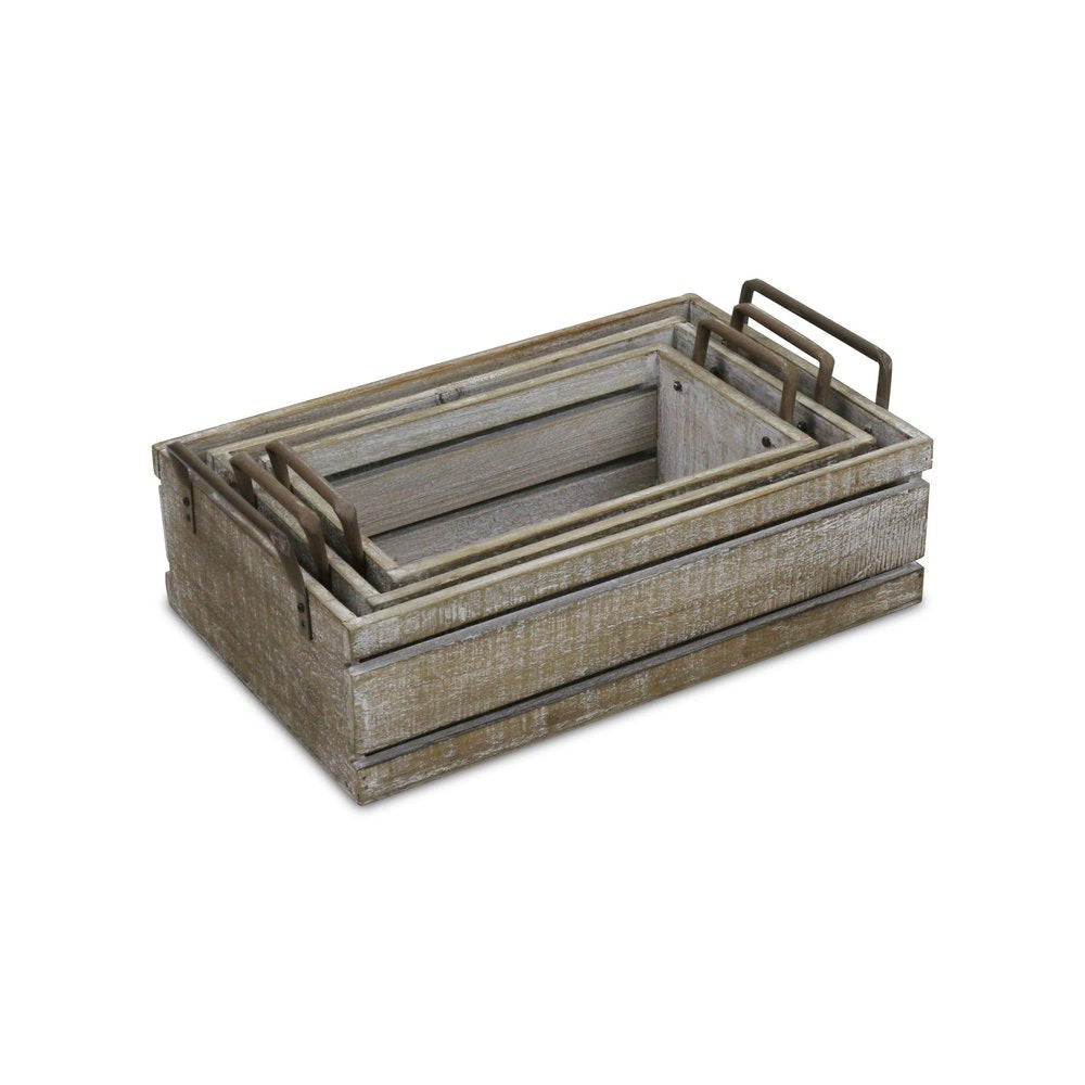Set of Three Gray Nesting Solid Wood And Metal Crate HomeRoots