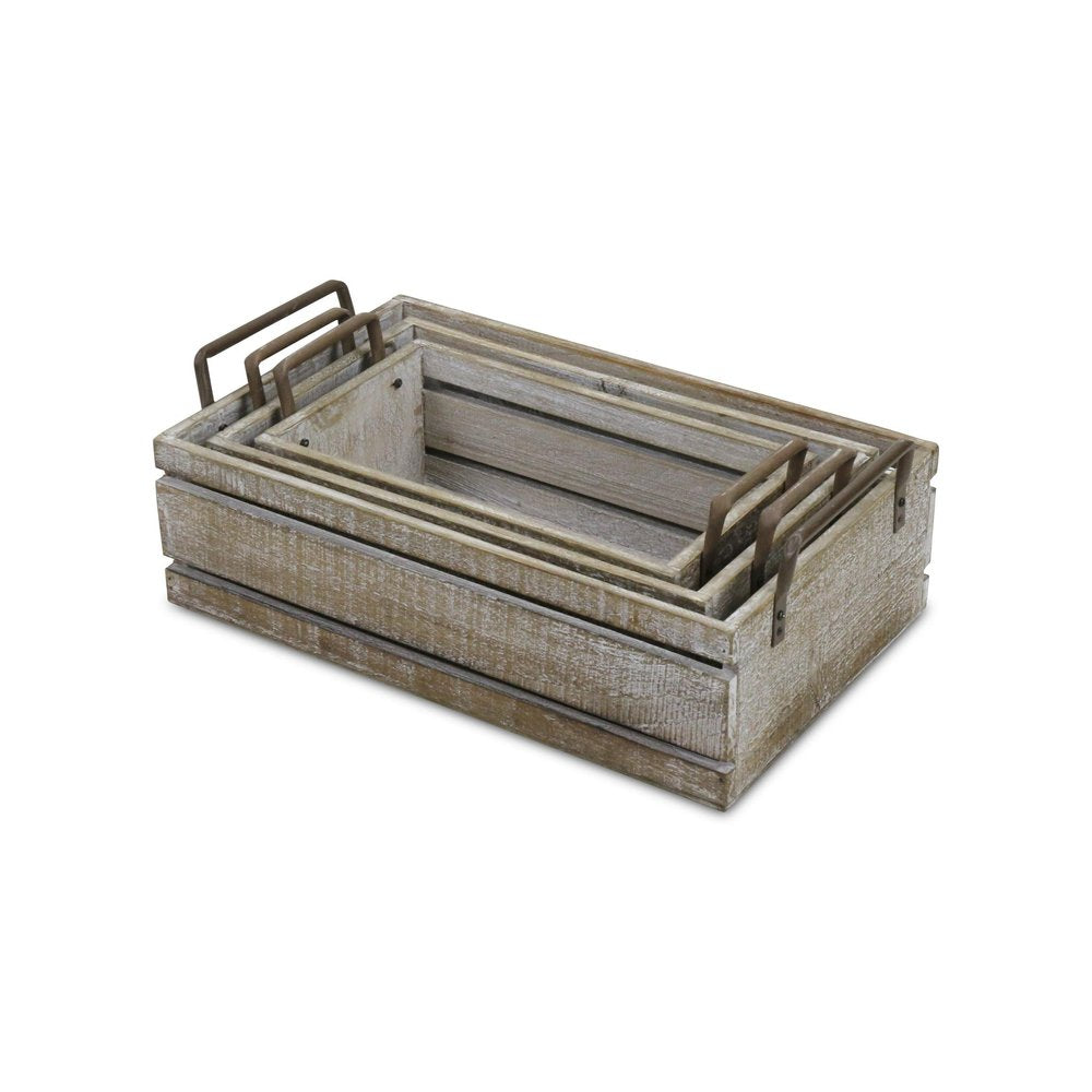 Set of Three Gray Nesting Solid Wood And Metal Crate HomeRoots