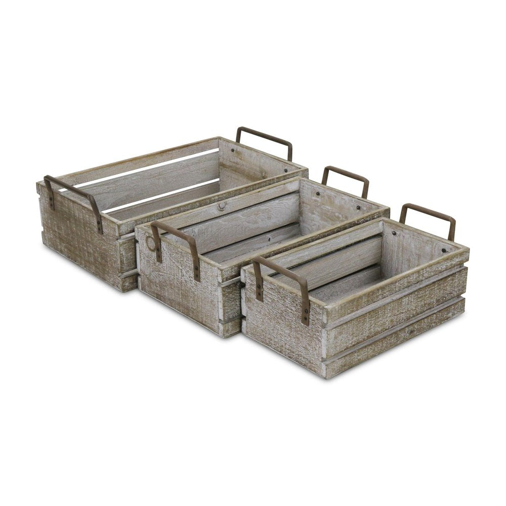 Set of Three Gray Nesting Solid Wood And Metal Crate HomeRoots