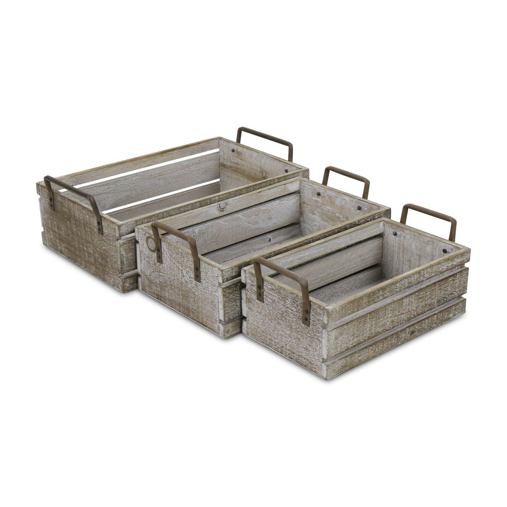Set of Three Gray Nesting Solid Wood And Metal Crate HomeRoots