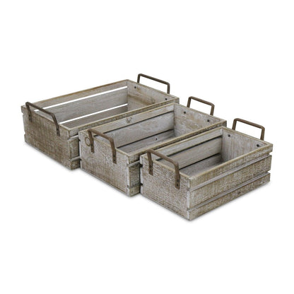 Set of Three Gray Nesting Solid Wood And Metal Crate HomeRoots