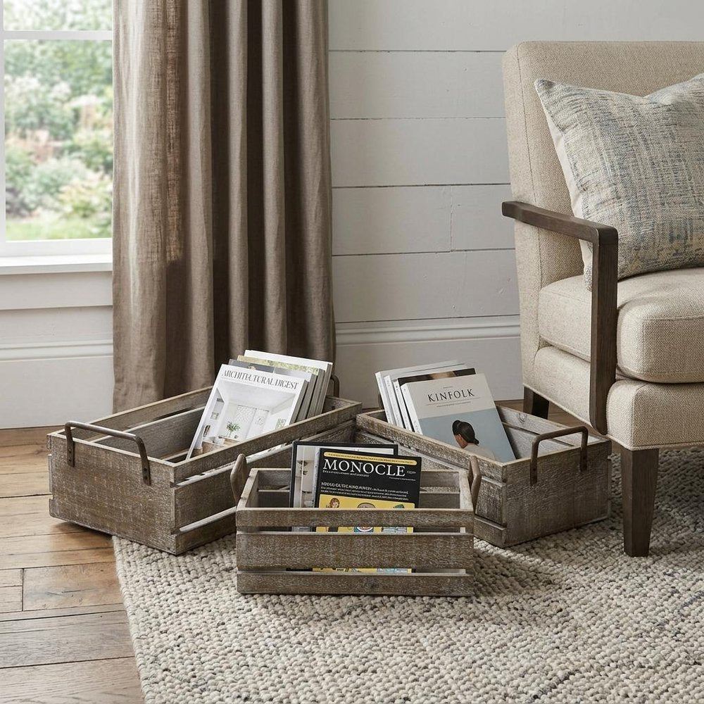 Set of Three Gray Nesting Solid Wood And Metal Crate HomeRoots