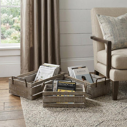 Set of Three Gray Nesting Solid Wood And Metal Crate HomeRoots