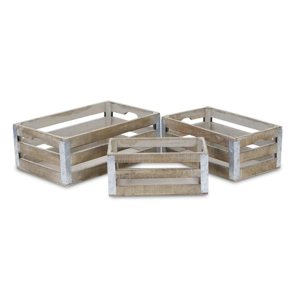 Set of Three Natural Nesting Solid Wood And Metal Crate HomeRoots