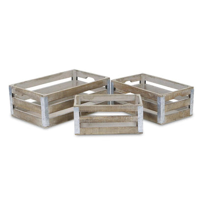 Set of Three Natural Nesting Solid Wood And Metal Crate HomeRoots