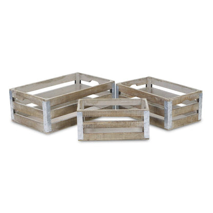 Set of Three Natural Nesting Solid Wood And Metal Crate HomeRoots