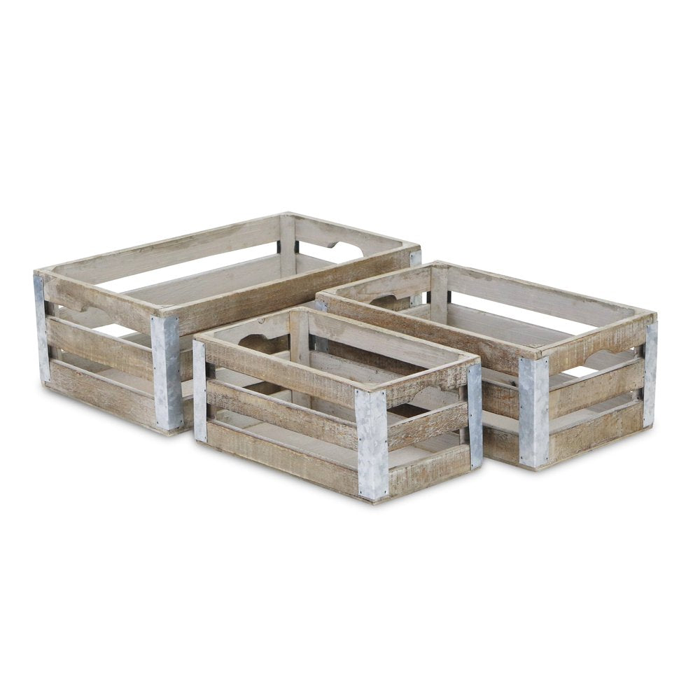 Set of Three Natural Nesting Solid Wood And Metal Crate HomeRoots