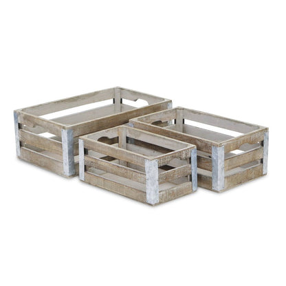 Set of Three Natural Nesting Solid Wood And Metal Crate HomeRoots