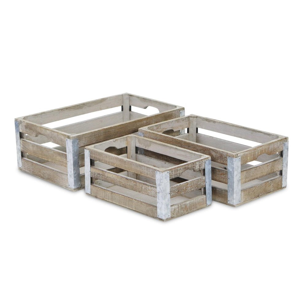 Set of Three Natural Nesting Solid Wood And Metal Crate HomeRoots