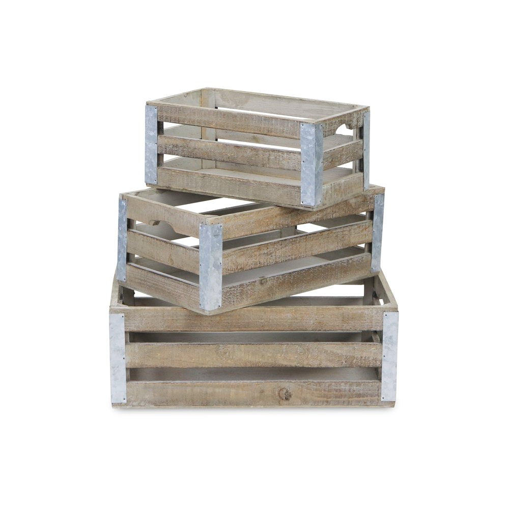 Set of Three Natural Nesting Solid Wood And Metal Crate HomeRoots