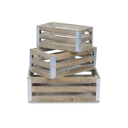 Set of Three Natural Nesting Solid Wood And Metal Crate HomeRoots