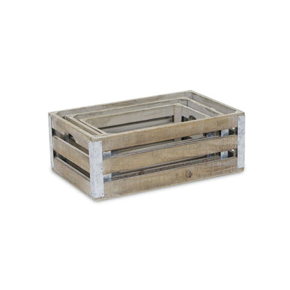 Set of Three Natural Nesting Solid Wood And Metal Crate HomeRoots