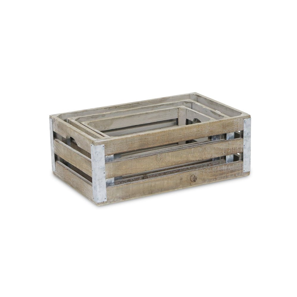 Set of Three Natural Nesting Solid Wood And Metal Crate HomeRoots