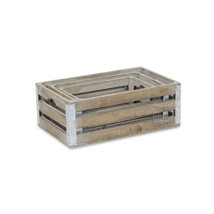 Set of Three Natural Nesting Solid Wood And Metal Crate HomeRoots