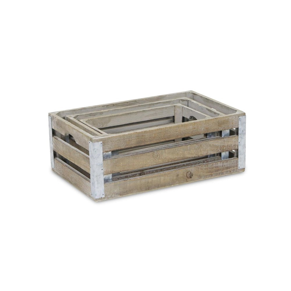 Set of Three Natural Nesting Solid Wood And Metal Crate HomeRoots