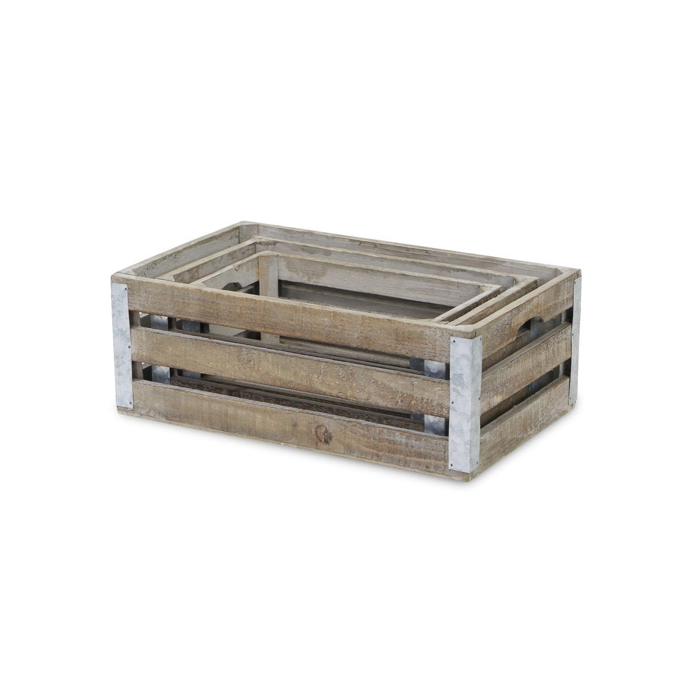 Set of Three Natural Nesting Solid Wood And Metal Crate HomeRoots
