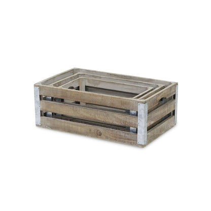 Set of Three Natural Nesting Solid Wood And Metal Crate HomeRoots