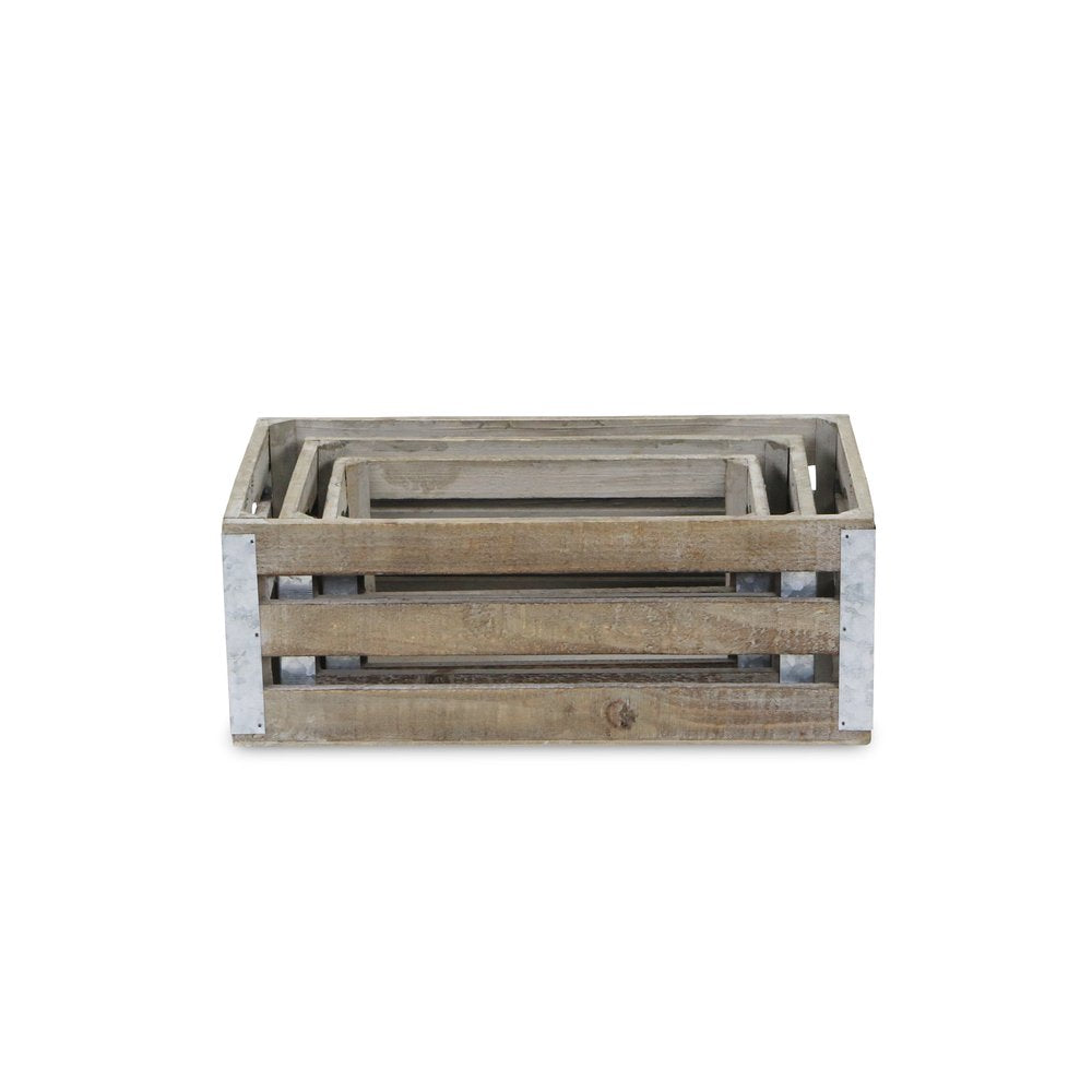 Set of Three Natural Nesting Solid Wood And Metal Crate HomeRoots