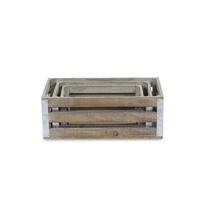 Set of Three Natural Nesting Solid Wood And Metal Crate HomeRoots