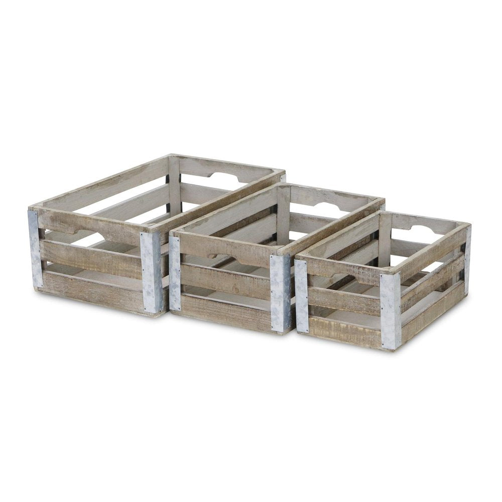 Set of Three Natural Nesting Solid Wood And Metal Crate HomeRoots