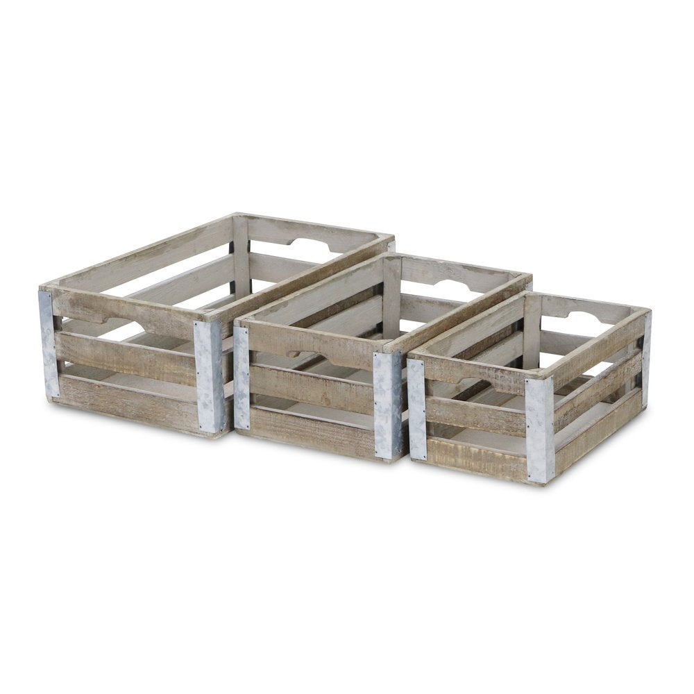 Set of Three Natural Nesting Solid Wood And Metal Crate HomeRoots