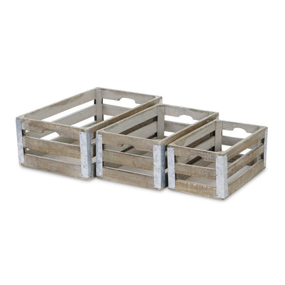 Set of Three Natural Nesting Solid Wood And Metal Crate HomeRoots