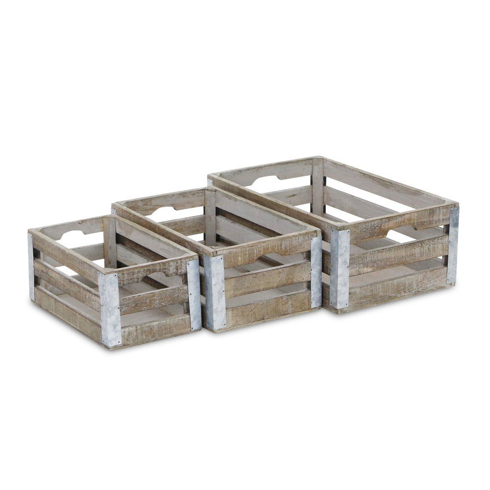Set of Three Natural Nesting Solid Wood And Metal Crate HomeRoots
