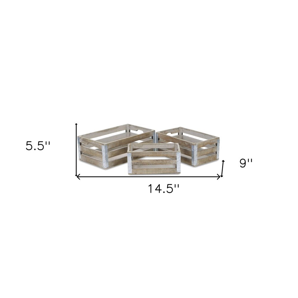 Set of Three Natural Nesting Solid Wood And Metal Crate HomeRoots