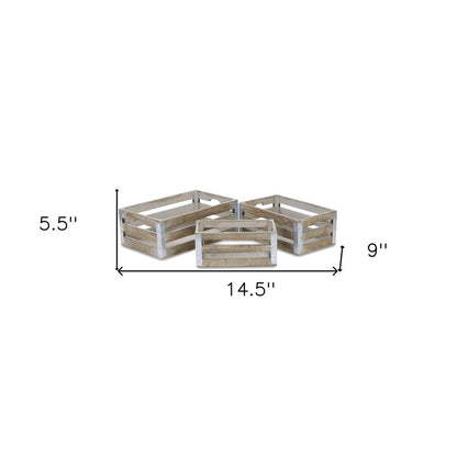 Set of Three Natural Nesting Solid Wood And Metal Crate HomeRoots