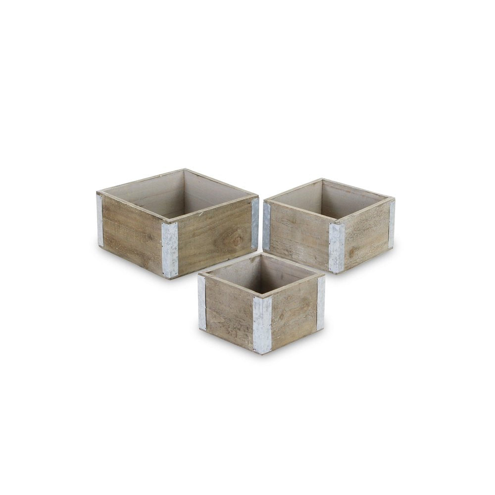 Set of Three Brown Nesting Solid Wood And Metal Crate HomeRoots