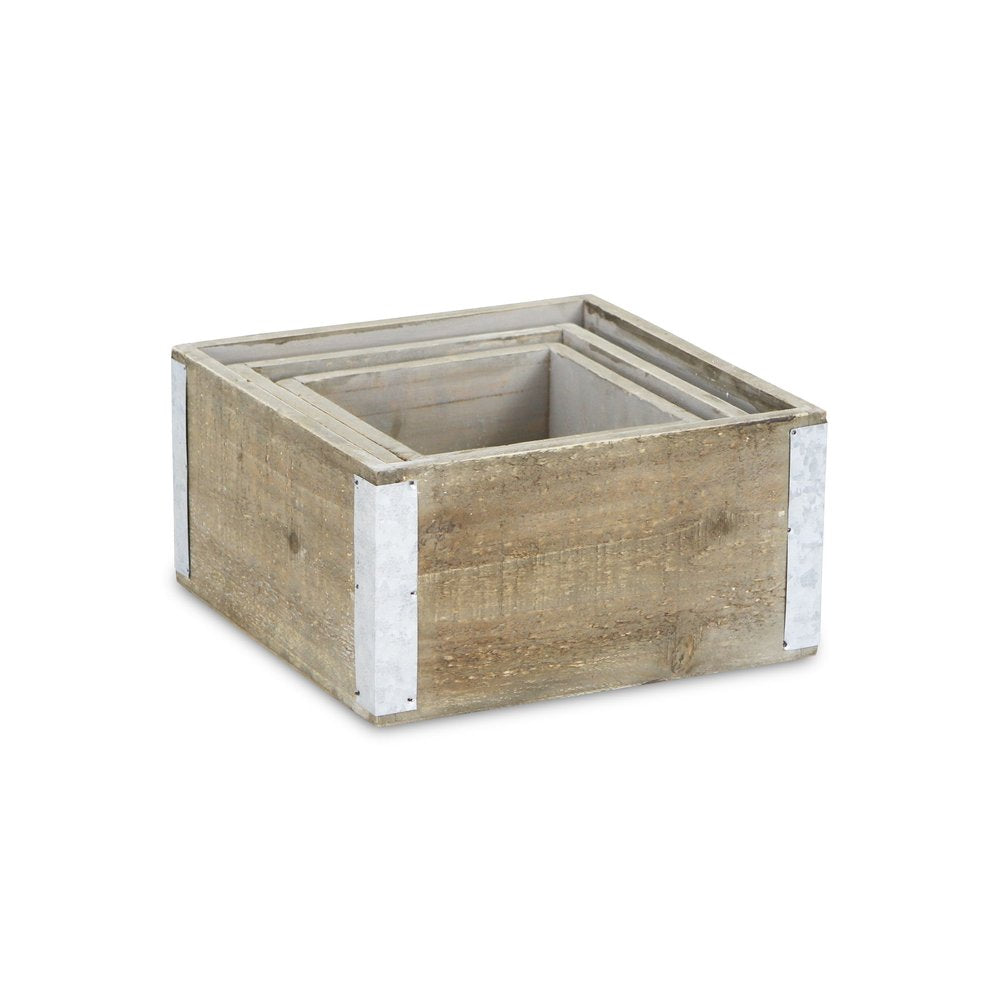 Set of Three Brown Nesting Solid Wood And Metal Crate HomeRoots
