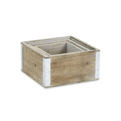Set of Three Brown Nesting Solid Wood And Metal Crate HomeRoots
