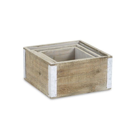 Set of Three Brown Nesting Solid Wood And Metal Crate HomeRoots