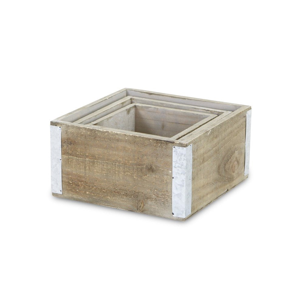 Set of Three Brown Nesting Solid Wood And Metal Crate HomeRoots