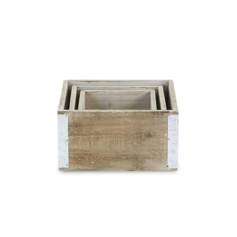 Set of Three Brown Nesting Solid Wood And Metal Crate HomeRoots