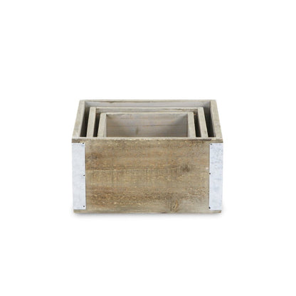 Set of Three Brown Nesting Solid Wood And Metal Crate HomeRoots