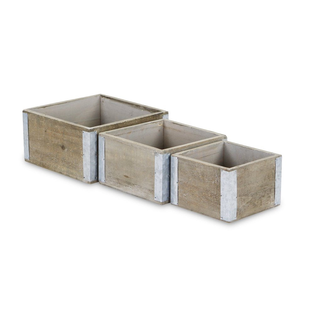 Set of Three Brown Nesting Solid Wood And Metal Crate HomeRoots