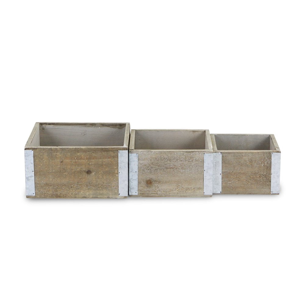 Set of Three Brown Nesting Solid Wood And Metal Crate HomeRoots