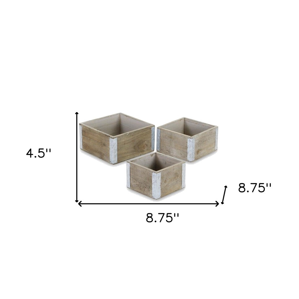 Set of Three Brown Nesting Solid Wood And Metal Crate HomeRoots