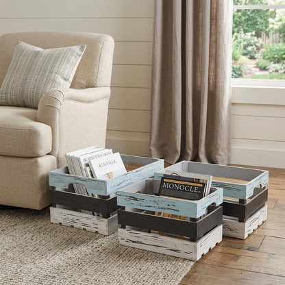 Set of Three Black Light Blue And Off White Nesting Solid Wood Crate HomeRoots