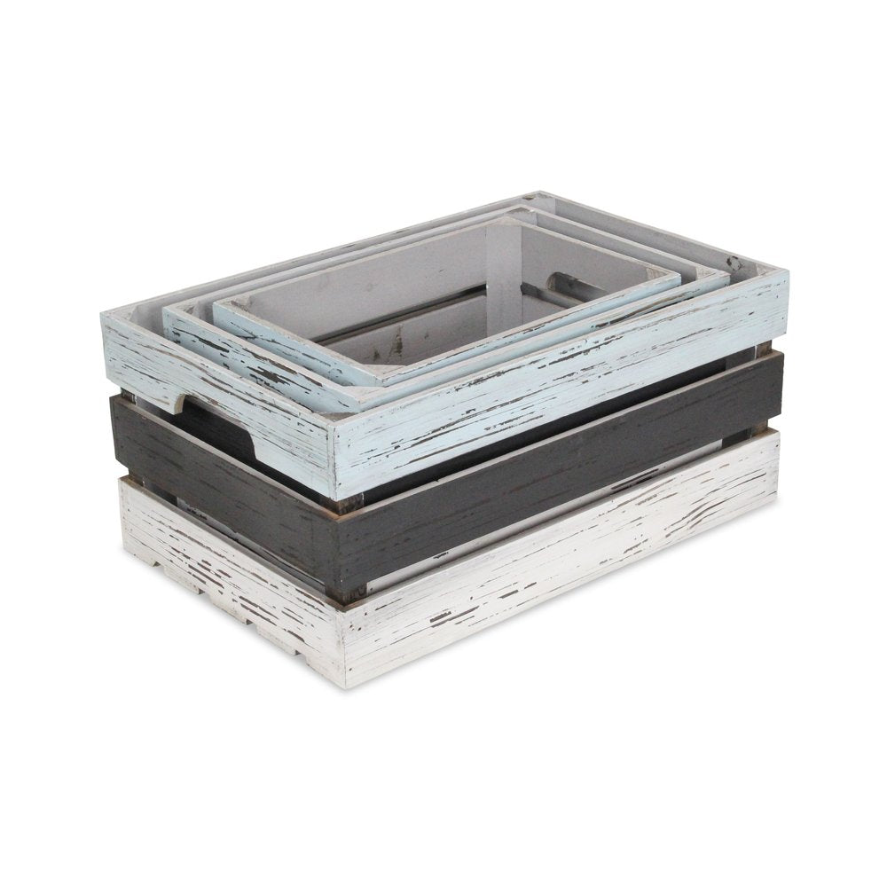 Set of Three Black Light Blue And Off White Nesting Solid Wood Crate HomeRoots