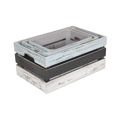 Set of Three Black Light Blue And Off White Nesting Solid Wood Crate HomeRoots