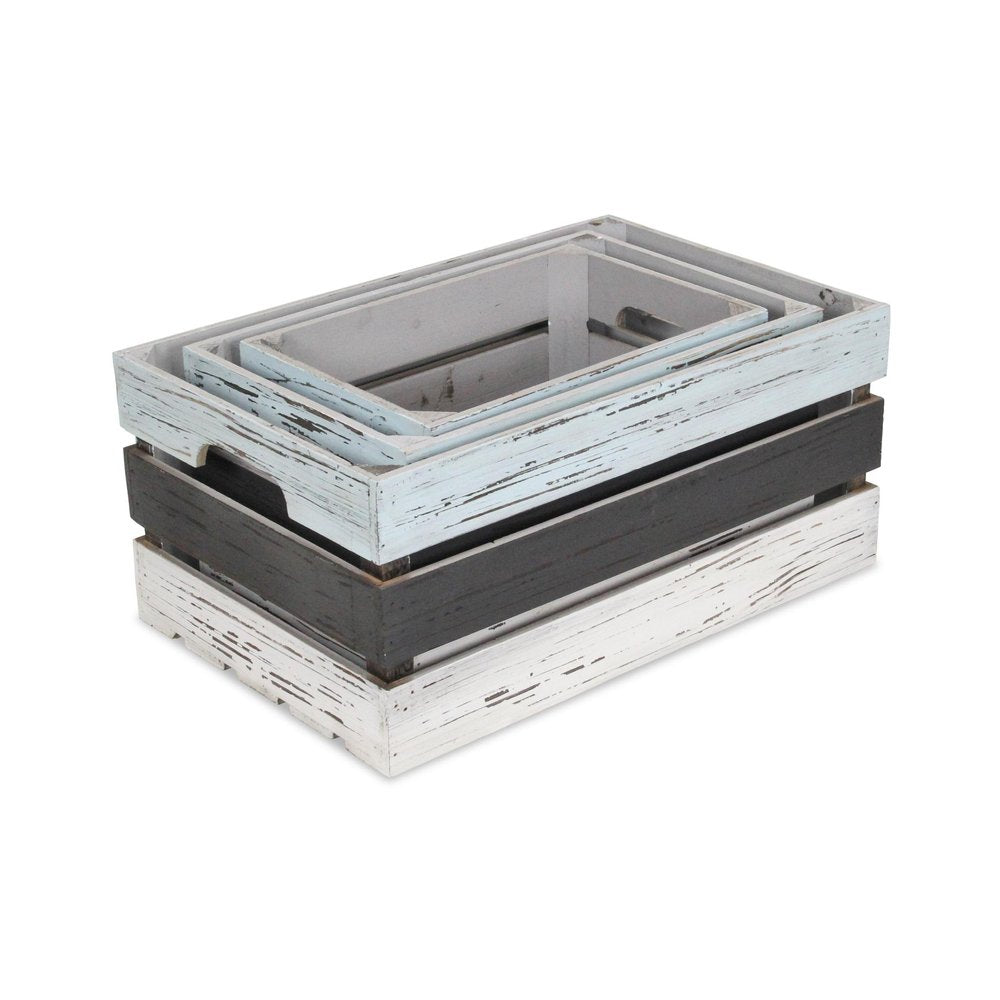 Set of Three Black Light Blue And Off White Nesting Solid Wood Crate HomeRoots