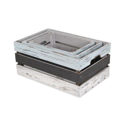 Set of Three Black Light Blue And Off White Nesting Solid Wood Crate HomeRoots