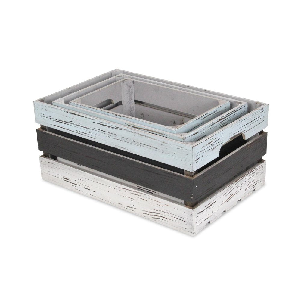 Set of Three Black Light Blue And Off White Nesting Solid Wood Crate HomeRoots